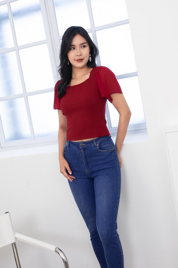 BACK IN STOCK MADEBY3INUTE Anders Square Neck Basic Ribbed Top in Wine Red