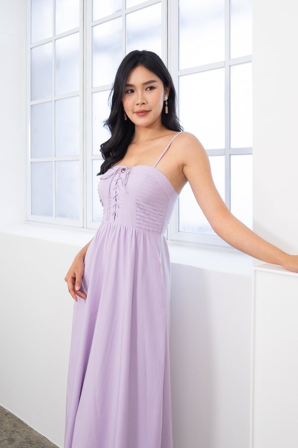 Berlin Spag Pleat Lace Up Maxi Dress in Lilac