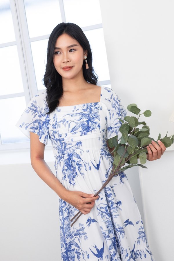 Courtney Flutter Sleeves Maxi Dress in Blue Porcelain