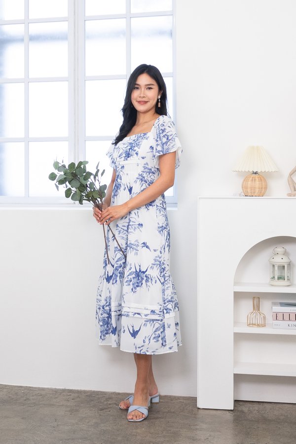 Courtney Flutter Sleeves Maxi Dress in Blue Porcelain
