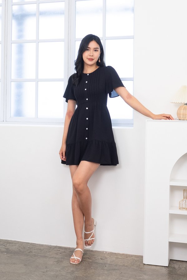  Nolita Flutter Sleeved Pleat Button Romper Dress in Black