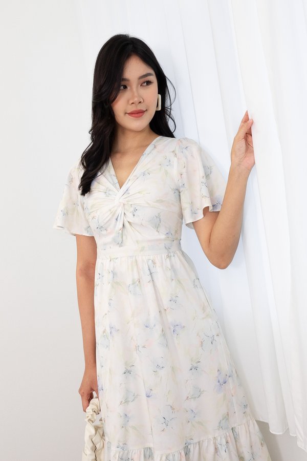Averia Watercolour Floral Flutter Sleeve Knot Midi Dress In Pastel Blue