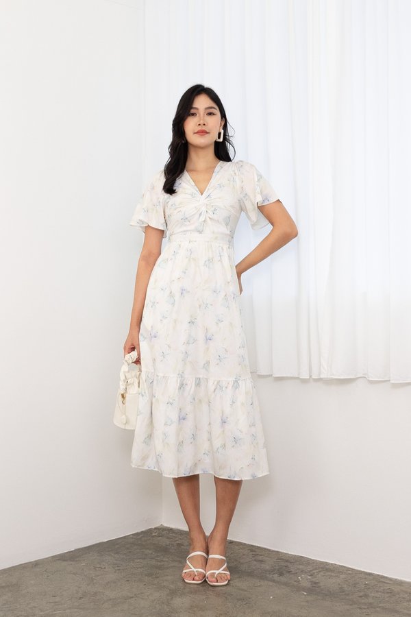Averia Watercolour Floral Flutter Sleeve Knot Midi Dress In Pastel Blue