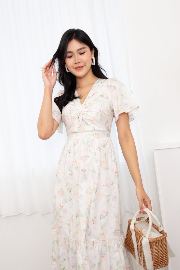 Averia Watercolour Floral Flutter Sleeve Knot Midi Dress In Pastel Pink