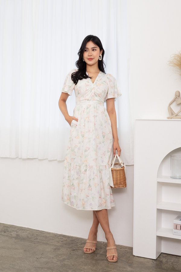 Averia Watercolour Floral Flutter Sleeve Knot Midi Dress In Pastel Pink