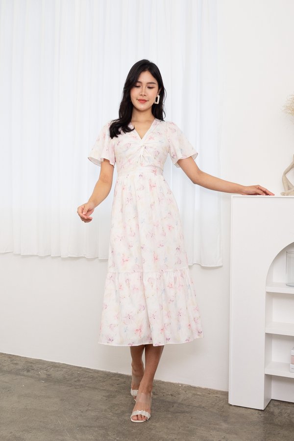 Averia Watercolour Floral Flutter Sleeve Knot Midi Dress In Pastel Purple