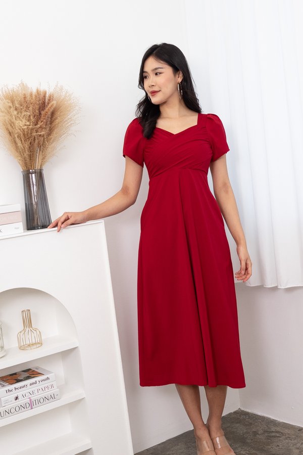 Heather Puffy Sleeve Ruched Maxi Dress in Red