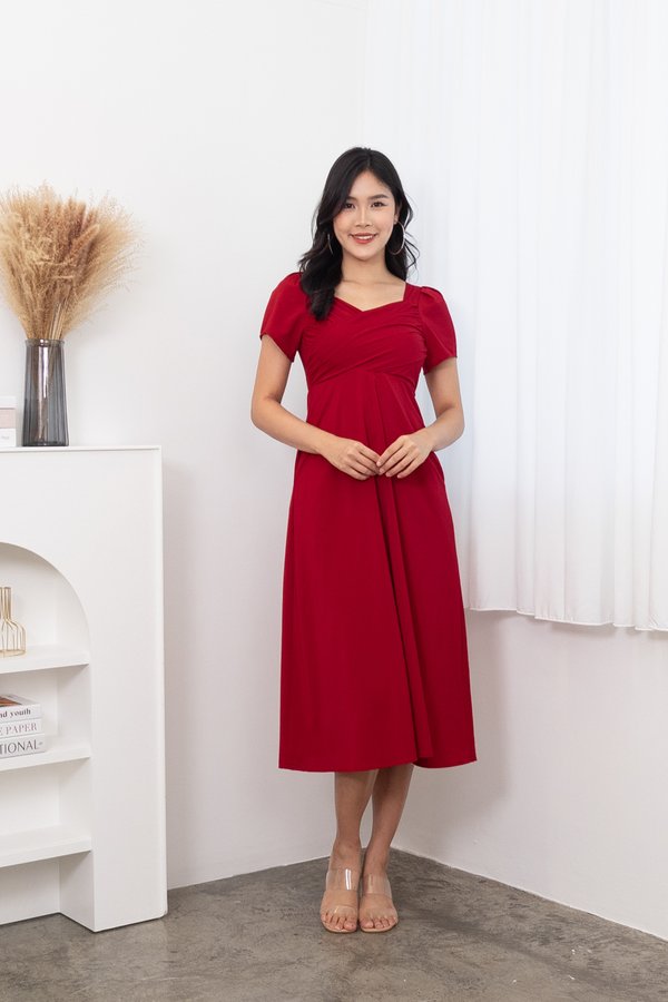 Heather Puffy Sleeve Ruched Maxi Dress in Red