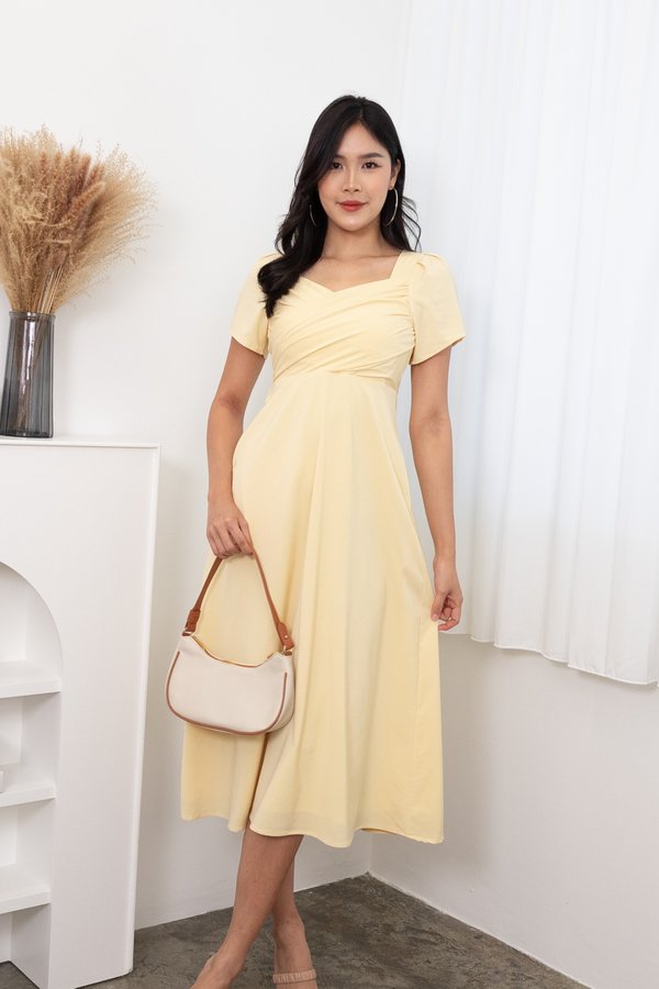 Heather Puffy Sleeve Ruched Maxi Dress in Sunshine Yellow