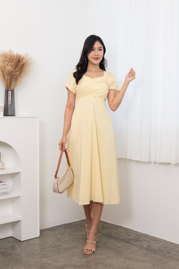 Heather Puffy Sleeve Ruched Maxi Dress in Sunshine Yellow