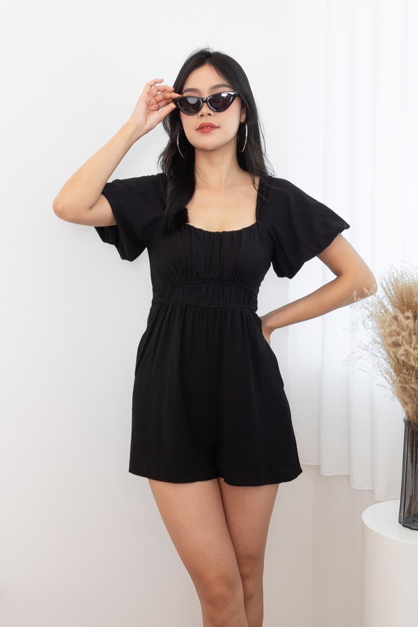 Isadora Puffy Sleeves Ruched Romper in Black