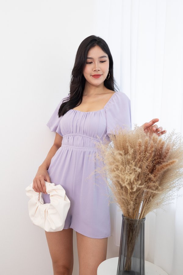 Isadora Puffy Sleeves Ruched Romper in Lilac