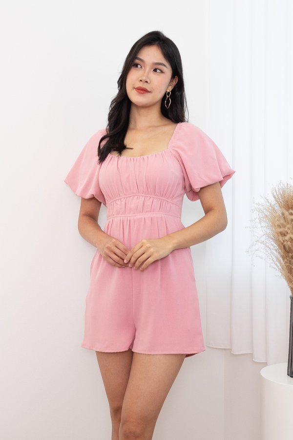 Isadora Puffy Sleeves Ruched Romper in Pink