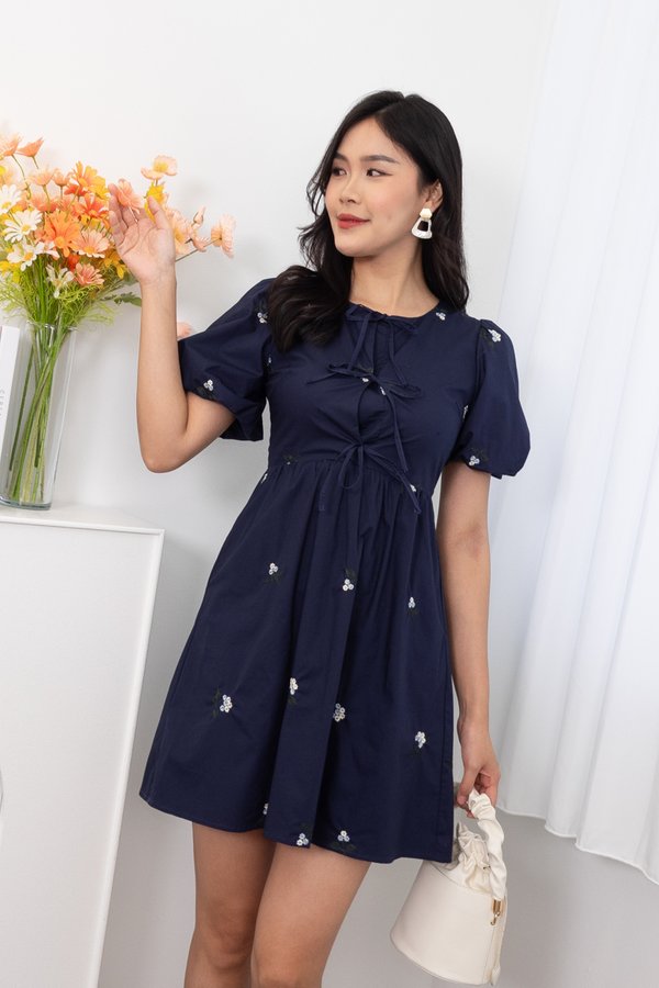 Natasha Emboidery Puffy Sleeve Tie Babydoll Dress in Navy Florals