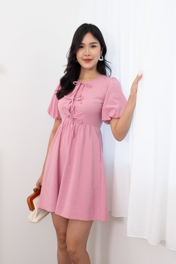 Natasha Embroidery Puffy Sleeve Tie Babydoll Dress in Pink