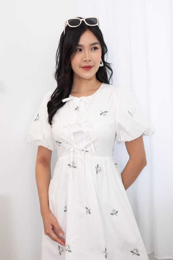 Natasha Emboidery Puffy Sleeve Tie Babydoll Dress in White Florals