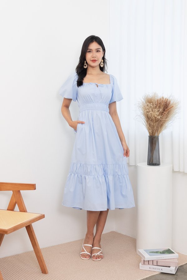 Sonomi Ruched Tie Midi Dress in Powder Blue