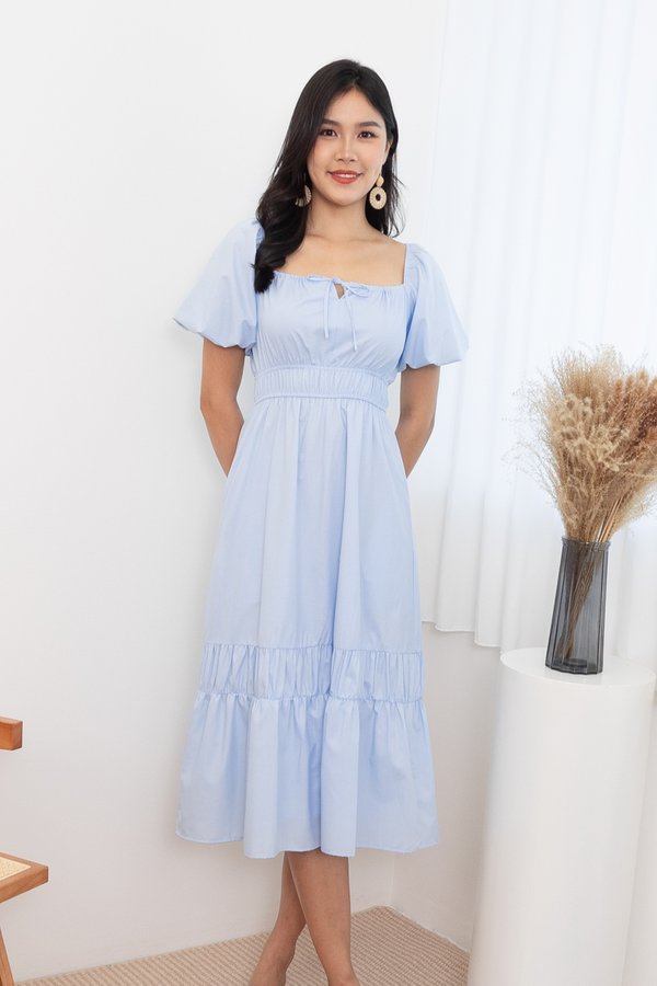 Sonomi Ruched Tie Midi Dress in Powder Blue