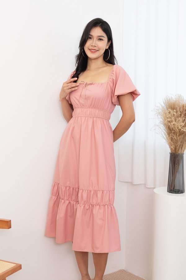 Sonomi Ruched Tie Midi Dress in Salmon Pink