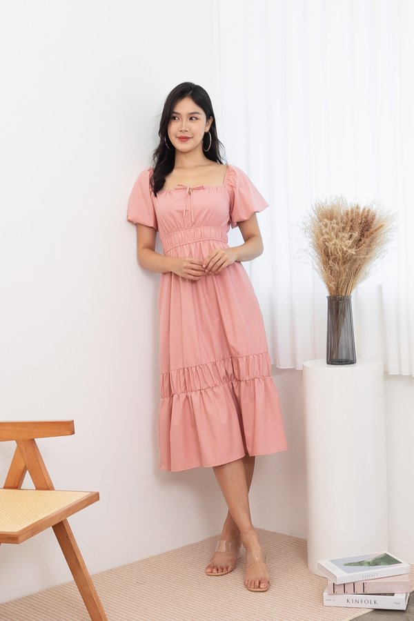 Sonomi Ruched Tie Midi Dress in Salmon Pink