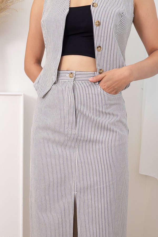 Deston Stripe Denim Slit Maxi Skirt in Navy