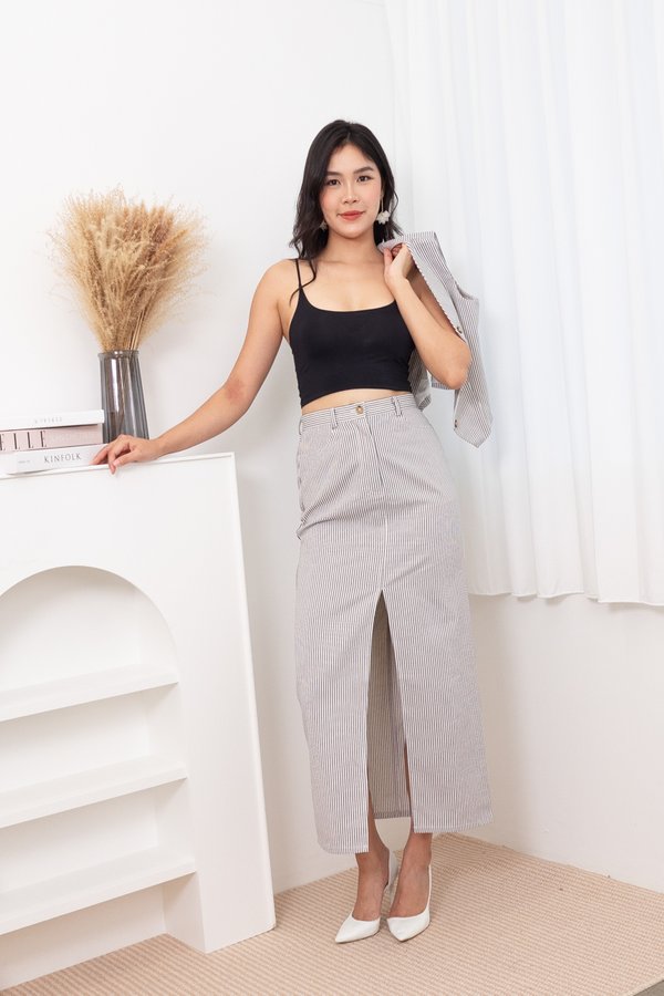 Deston Stripe Denim Slit Maxi Skirt in Navy