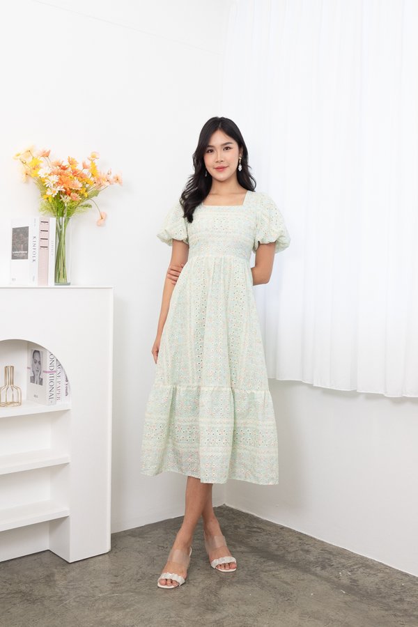 Sanya Embroidery Square Neck Maxi Dress in Green Florals