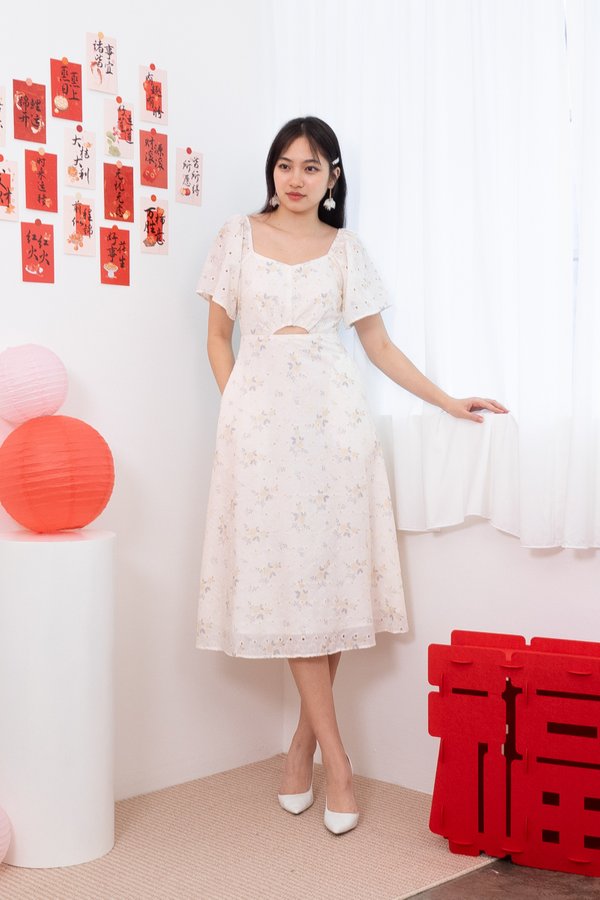 Adelphie Eyelet Flutter Sleeve Cut Out Midi Dress in Yellow Florals