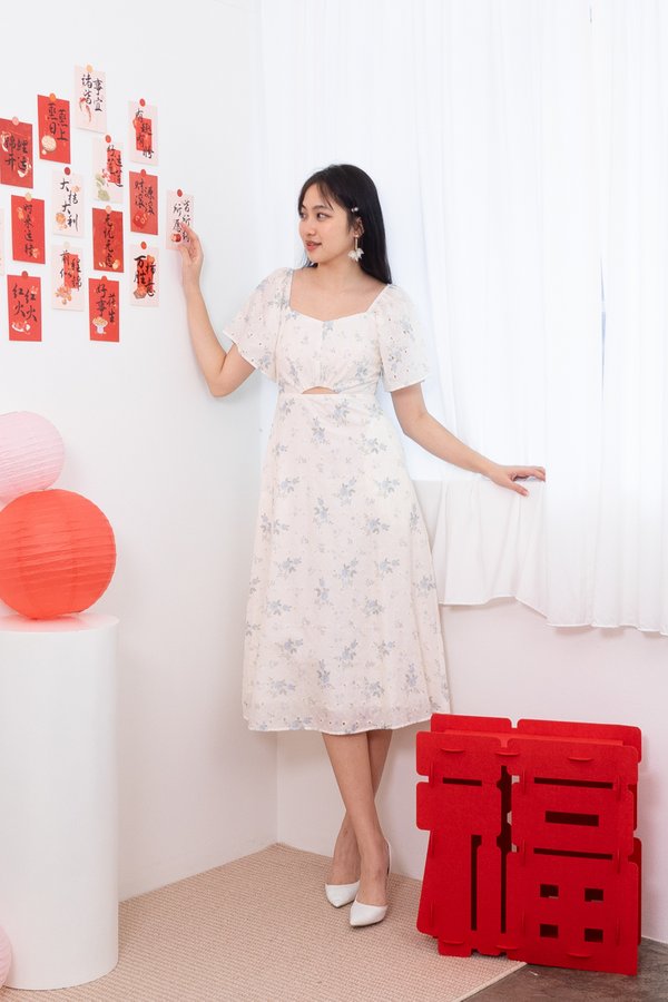 Adelphie Eyelet Flutter Sleeve Cut Out Midi Dress in Blue Florals