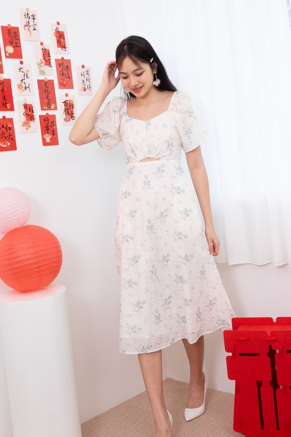 Adelphie Eyelet Flutter Sleeve Cut Out Midi Dress in Blue Florals