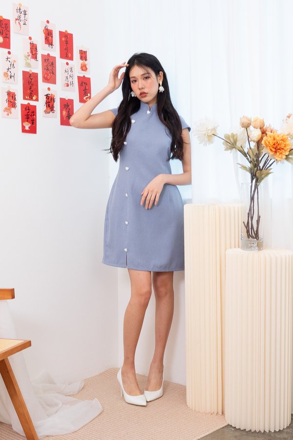 Hearty Buttons Cheongsam Dress in Blue