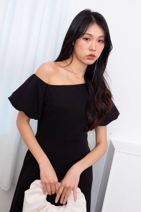 Kimiko Puffy Sleeve Toga Skater Midi Dress in Black