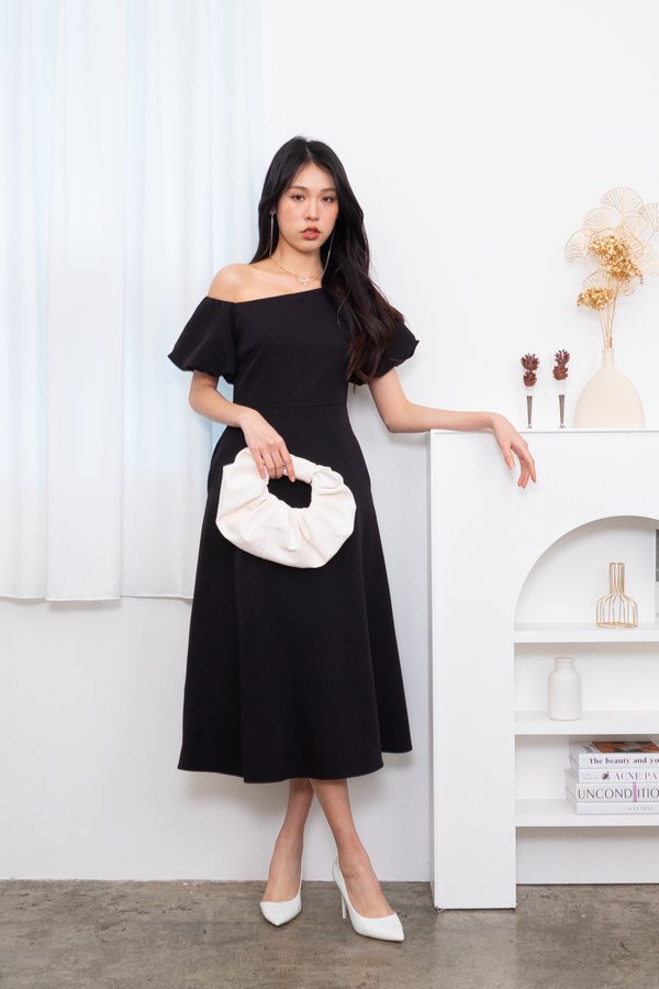 Kimiko Puffy Sleeve Toga Skater Midi Dress in Black