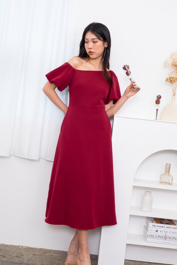 Kimiko Puffy Sleeve Toga Skater Midi Dress in Wine Red