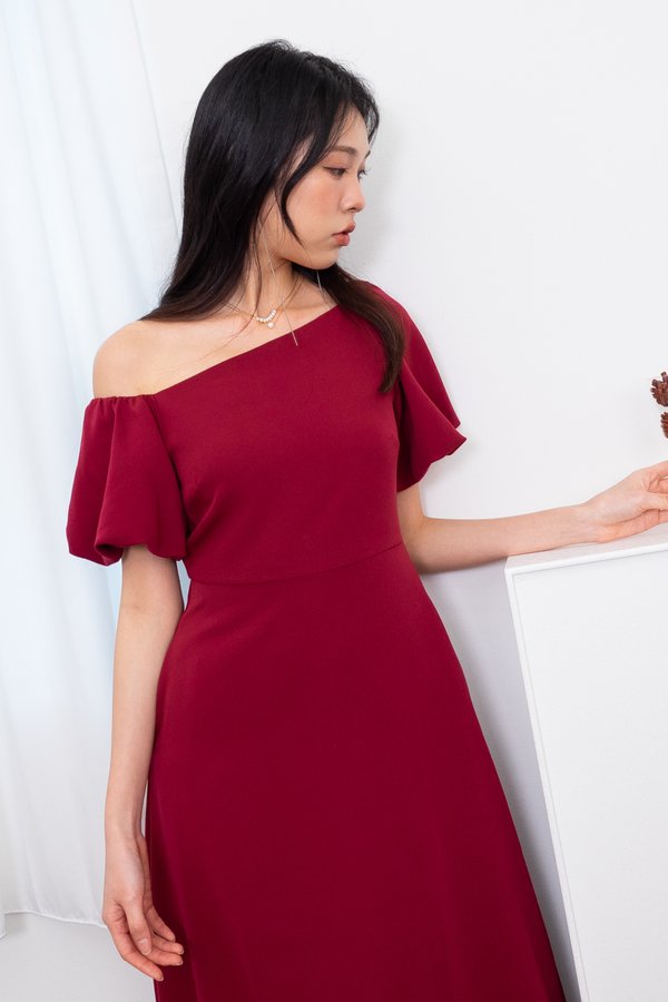 Kimiko Puffy Sleeve Toga Skater Midi Dress in Wine Red