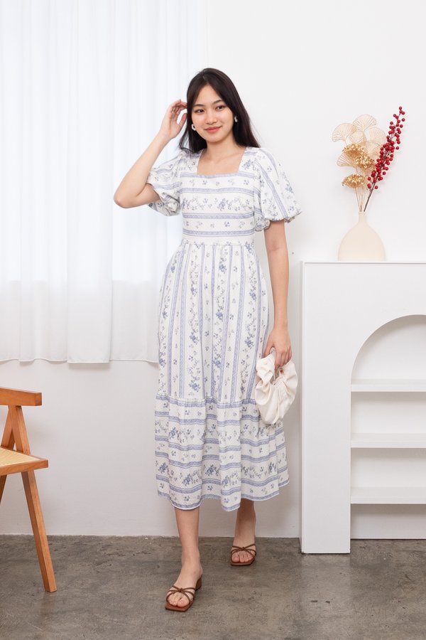 Sanya Square Neck Puffy Sleeve Maxi Dress in Blue Porcelain