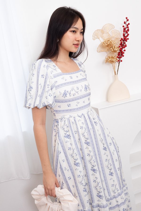 Sanya Square Neck Puffy Sleeve Maxi Dress in Blue Porcelain