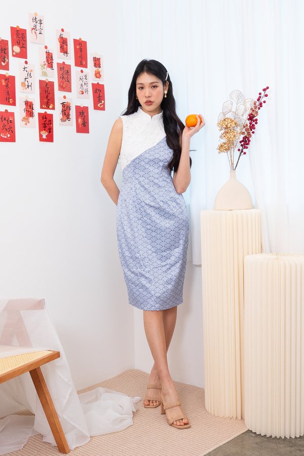 Yun (云) Crochet Overlay Print Cheongsam Dress in Blue