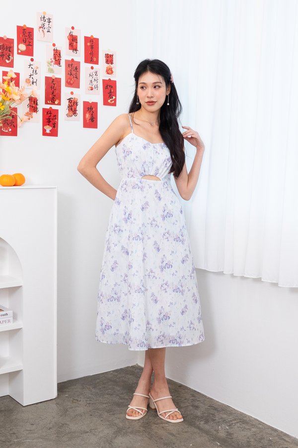 Adella Spag Cut Out Midi Dress in Lilac Florals
