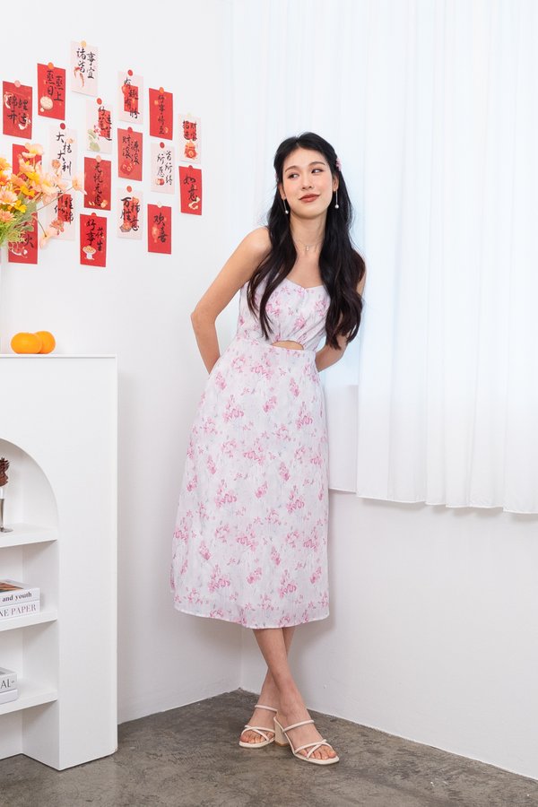 Adella Spag Cut Out Midi Dress in Pink Florals