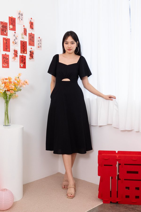 Adelphie Flutter Sleeve Cut Out Midi Dress in Black