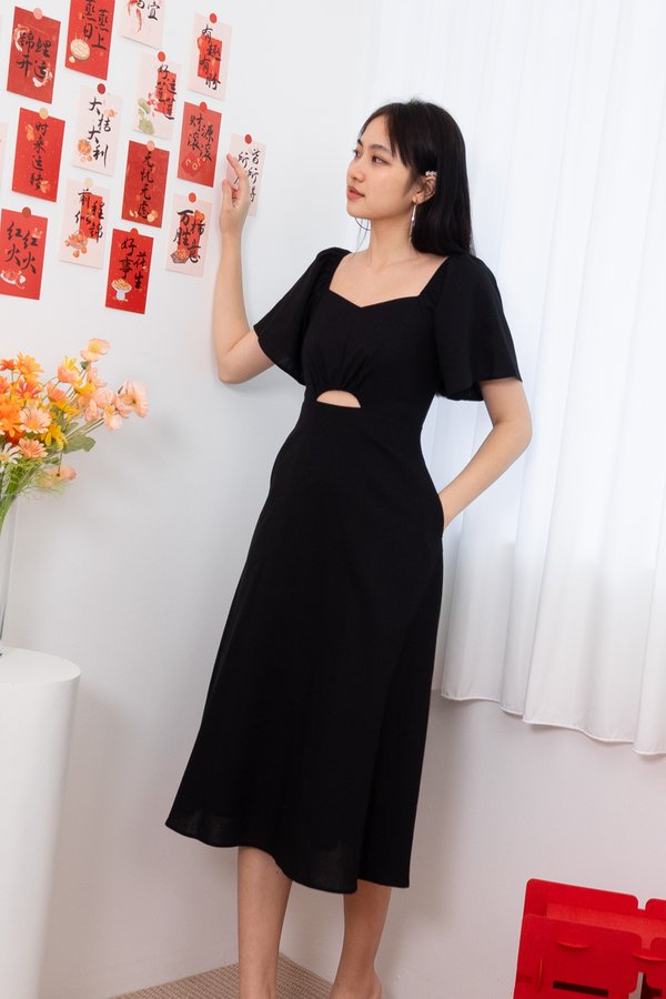 Adelphie Flutter Sleeve Cut Out Midi Dress in Black