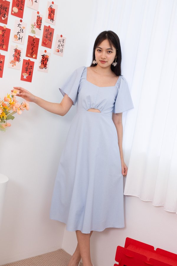 Adelphie Flutter Sleeve Cut Out Midi Dress in Powder Blue