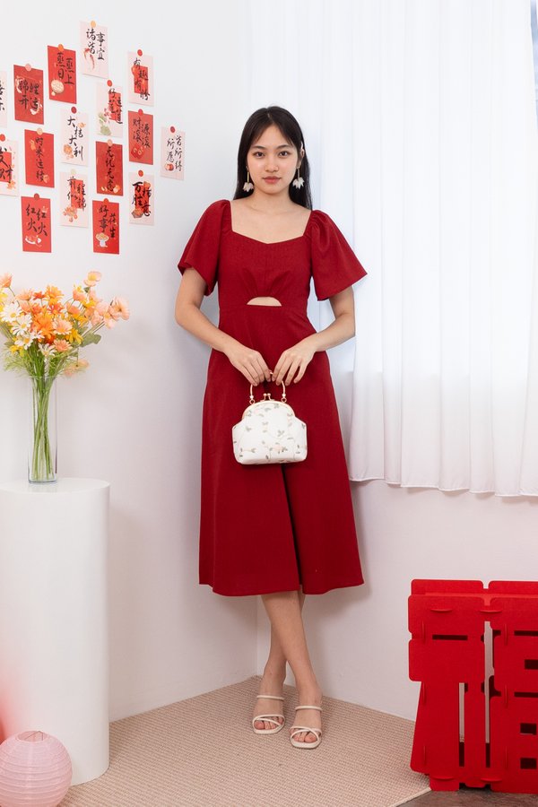 Adelphie Flutter Sleeve Cut Out Midi Dress in Red