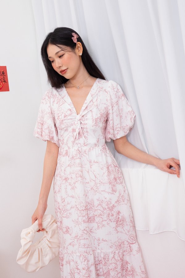 Averia Flutter Sleeve Knot Midi Dress in Nude Pink Porcelain Toile