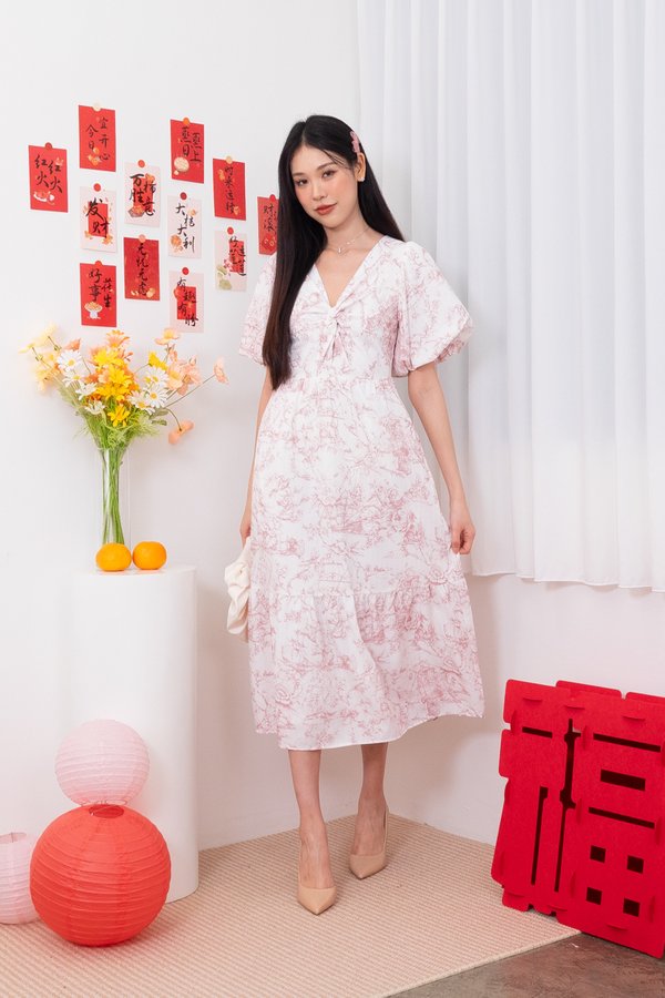 Averia Flutter Sleeve Knot Midi Dress in Nude Pink Porcelain Toile