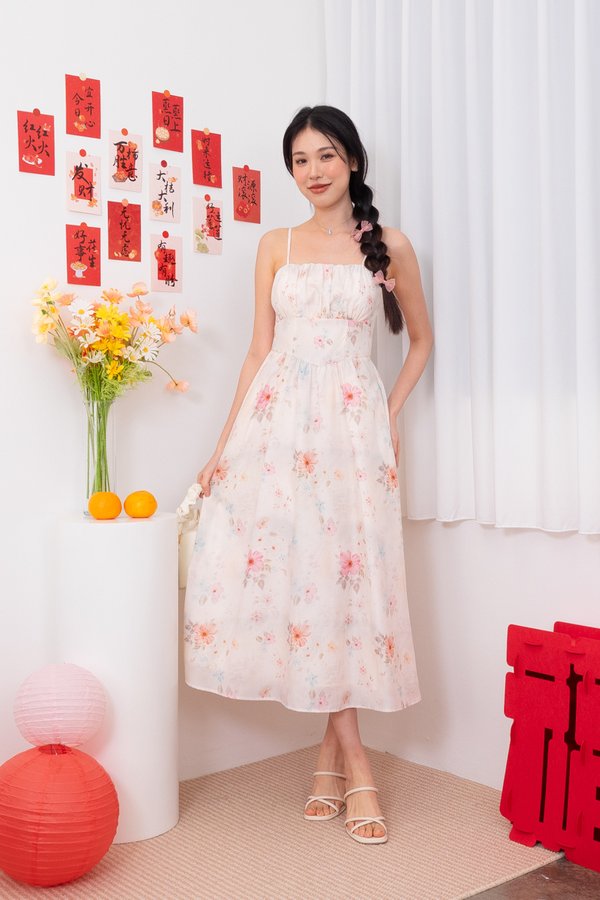 Brittany Spag Ruched V Waist Midi Dress in Pink Florals