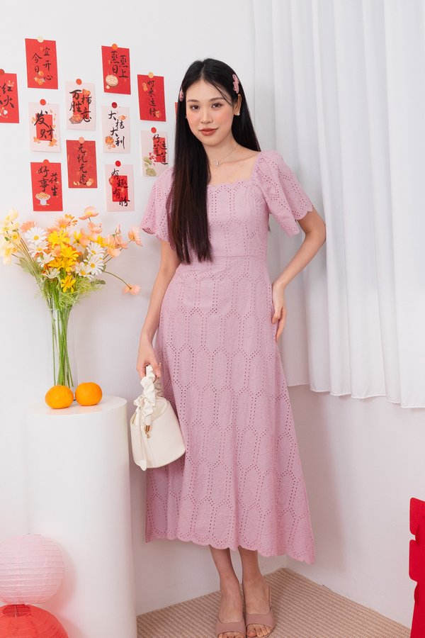 Fionn Eyelet Scallop Flutter Sleeves Midi Dress in Dust Pink