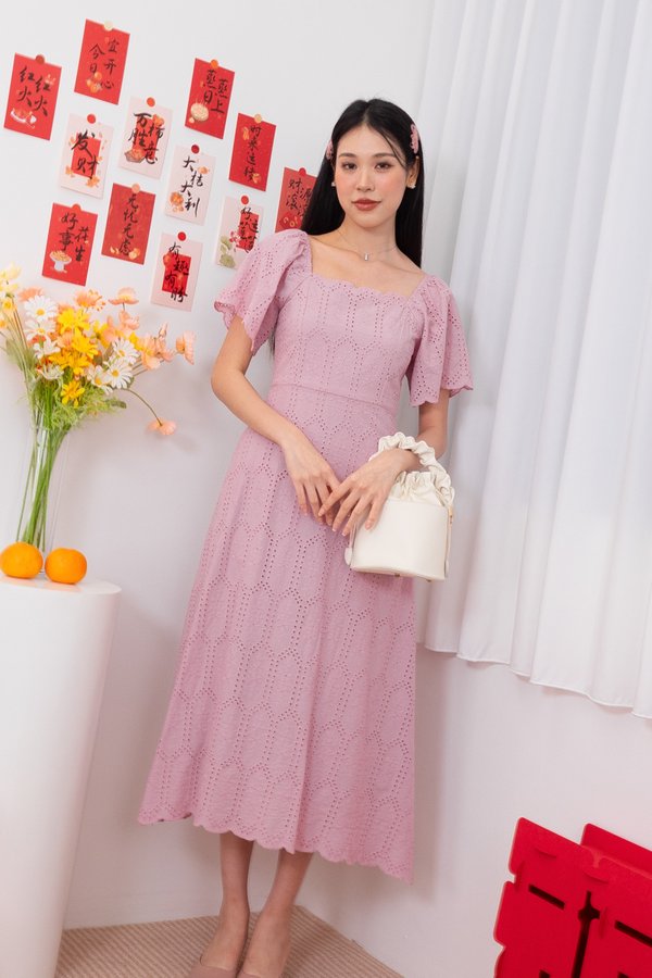 Fionn Eyelet Scallop Flutter Sleeves Midi Dress in Dust Pink