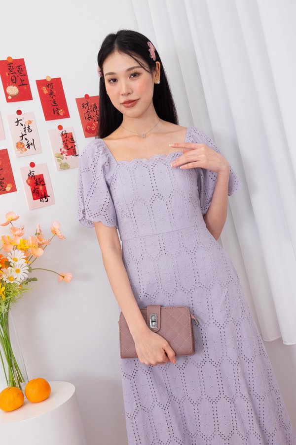 Fionn Eyelet Scallop Flutter Sleeves Midi Dress in Dust Lilac